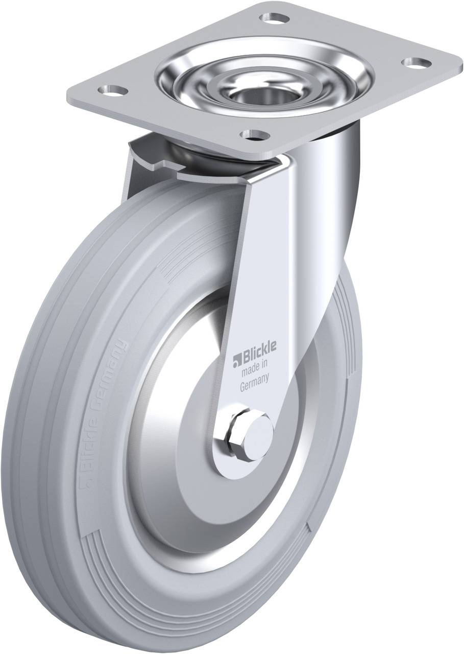 Schwenkrolle aus Metall und Gummi mit Befestigungsplatte, markiert mit 'Blickle made in Germany', für Transportgeräte geeignet.