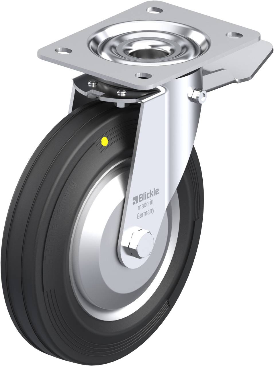 Schwenkrolle mit schwarzem Gummirad und silberner Metallhalterung, geeignet für industrielle Anwendungen. Maße sind nicht angegeben.