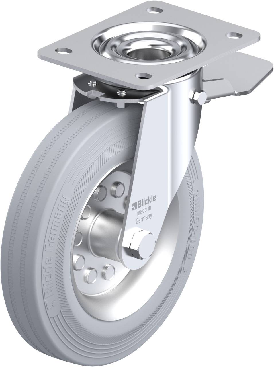 Ein graues Lenkrolle mit Metallhalterung. Die Aufschrift auf dem Rad lautet 'Blickle, Made in Germany'. Geeignet für industrielle Anwendungen.