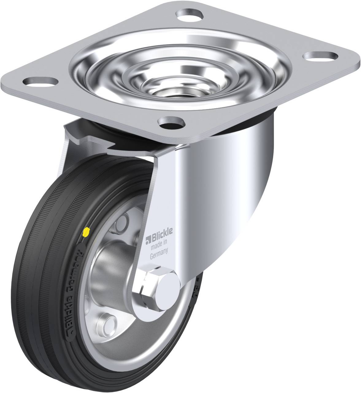 Schwenkrolle mit Metallgehäuse und schwarzem Rad. Geeignet für den Einbau an Transportgeräten oder Möbeln. Markenname auf Gehäuse.