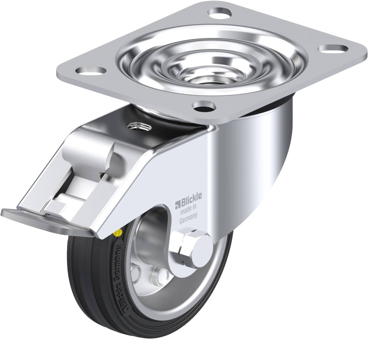 Schwenkrolle mit feststellbarer Platte aus glänzendem Metall, schwarze Gummiradfläche, geeignet für den Einsatz an Möbeln oder Transportgeräten.