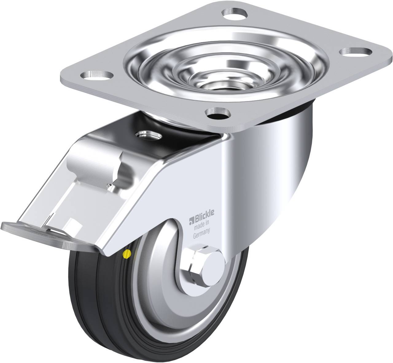 Ein silbernes Kugelrollenrad aus Metall mit schwarzem Rad und einer Metallplatte zur Befestigung.