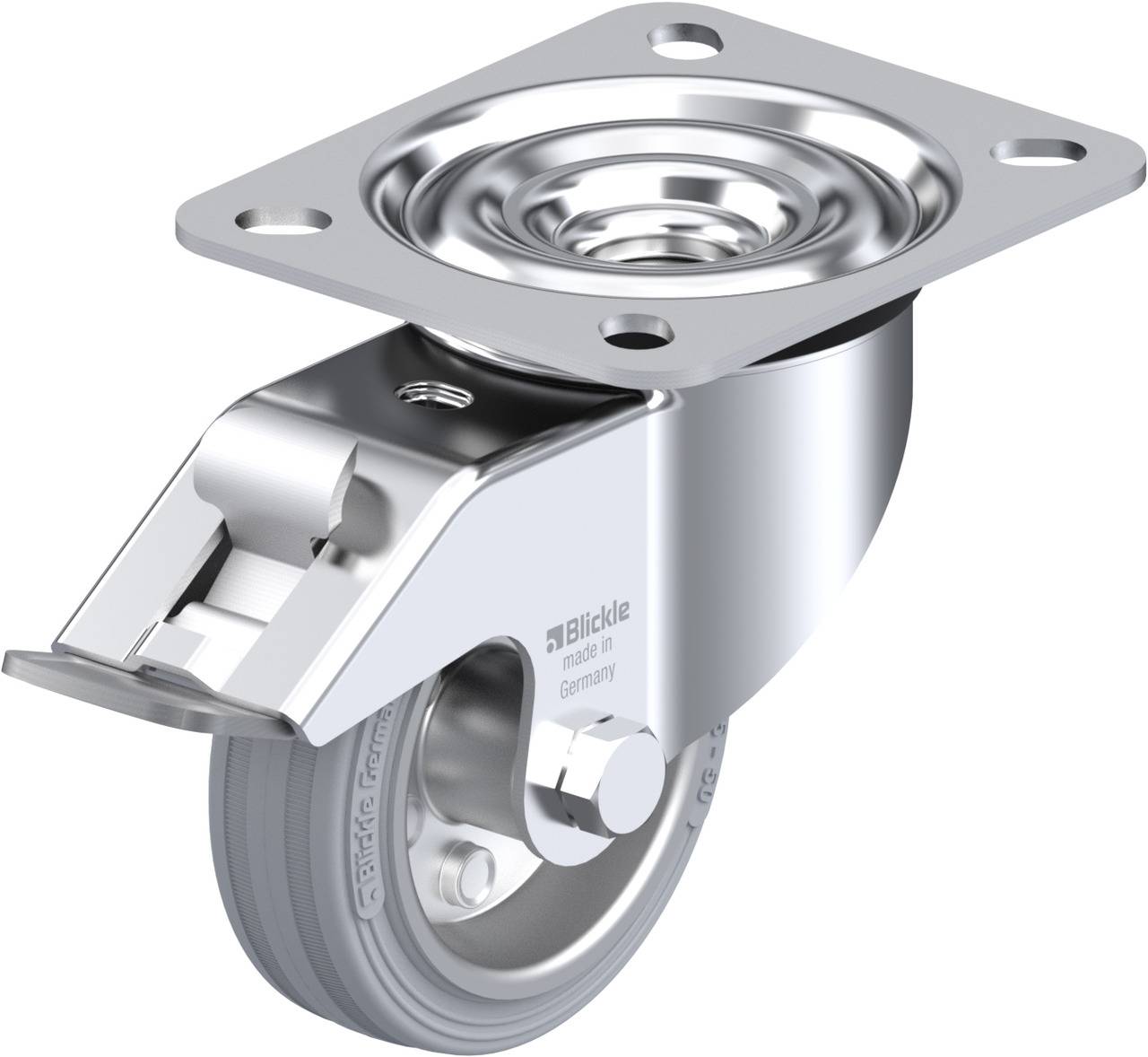 Ein glänzendes Lenkrollenrad aus Metall mit Befestigungsplatte, typisches Industrie-Design, für Möbel oder Transportwagen geeignet.