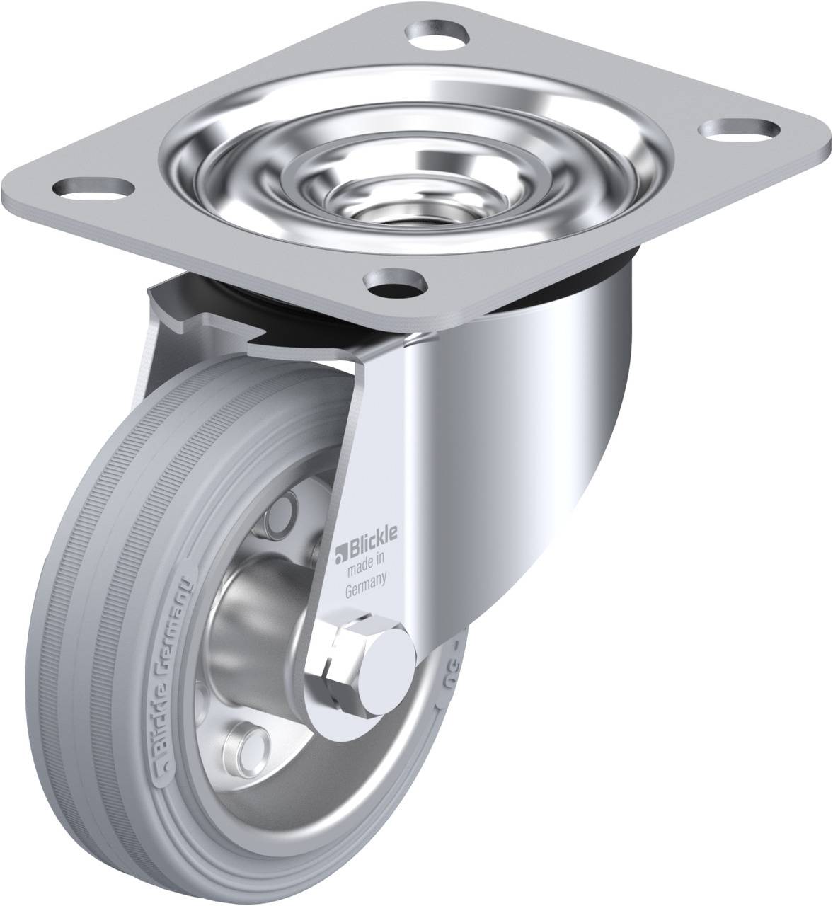 Graues, drehbares Lenkrollenrad aus Metall mit Befestigungsplatte, geeignet für Möbel oder Industrieanwendungen.