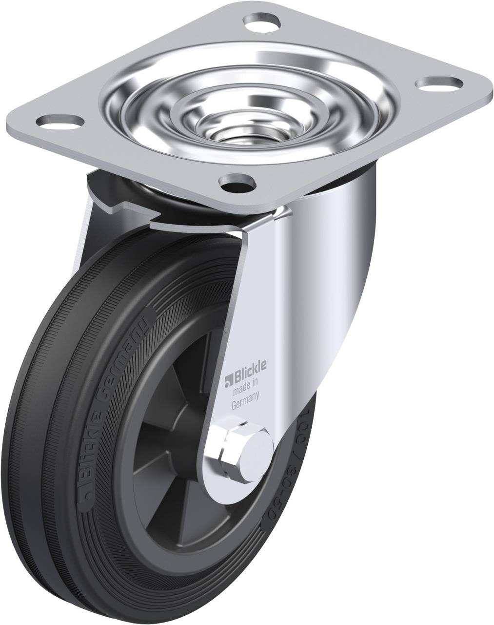 Schwenkrolle mit schwarzem Rad, Metallgehäuse und Befestigungsplatte, geeignet für leichte bis mittlere Transportanwendungen.