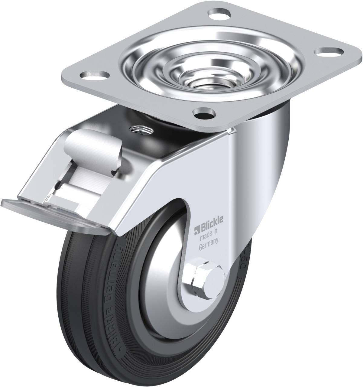 Schwenkrolle aus Metall mit schwarzem Rad und Befestigungsplatte, geeignet für Möbel oder Industrieanwendungen. Markenname 'Blickle' sichtbar.