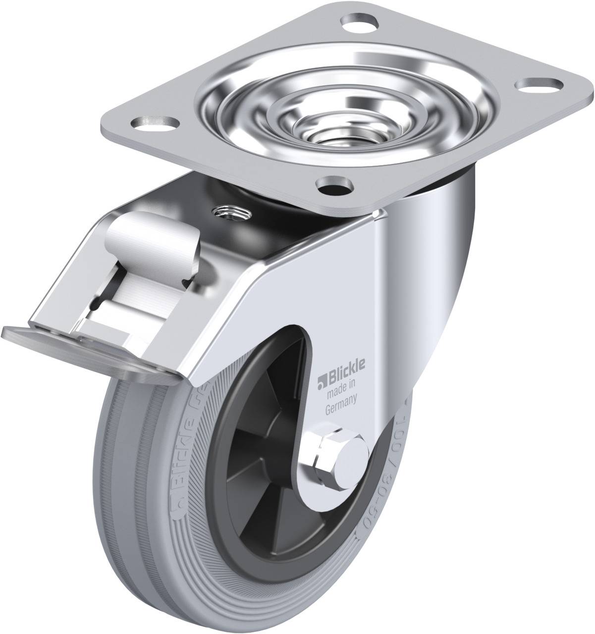 Drehbares Rollrad aus Metall und Kunststoff, mit Befestigungsplatte für Möbel oder Geräte.