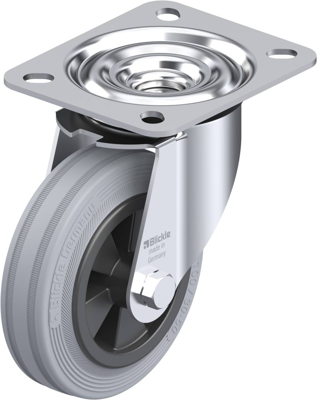 Metall-Lenkrolle mit grauem Reifen und rechteckigem Montageblech, geeignet für den Einsatz an Wagen oder Möbelstücken zur einfachen Bewegung.