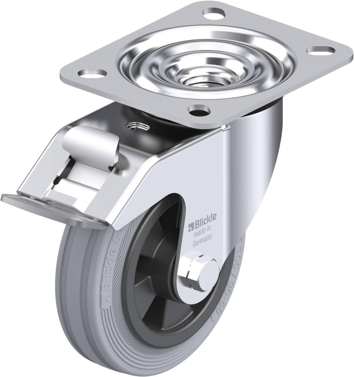 Metallschwenkrolle mit grauem Gummirad und Befestigungsplatte. Die Rolle hat ein Gehäuse aus verzinktem Stahl.