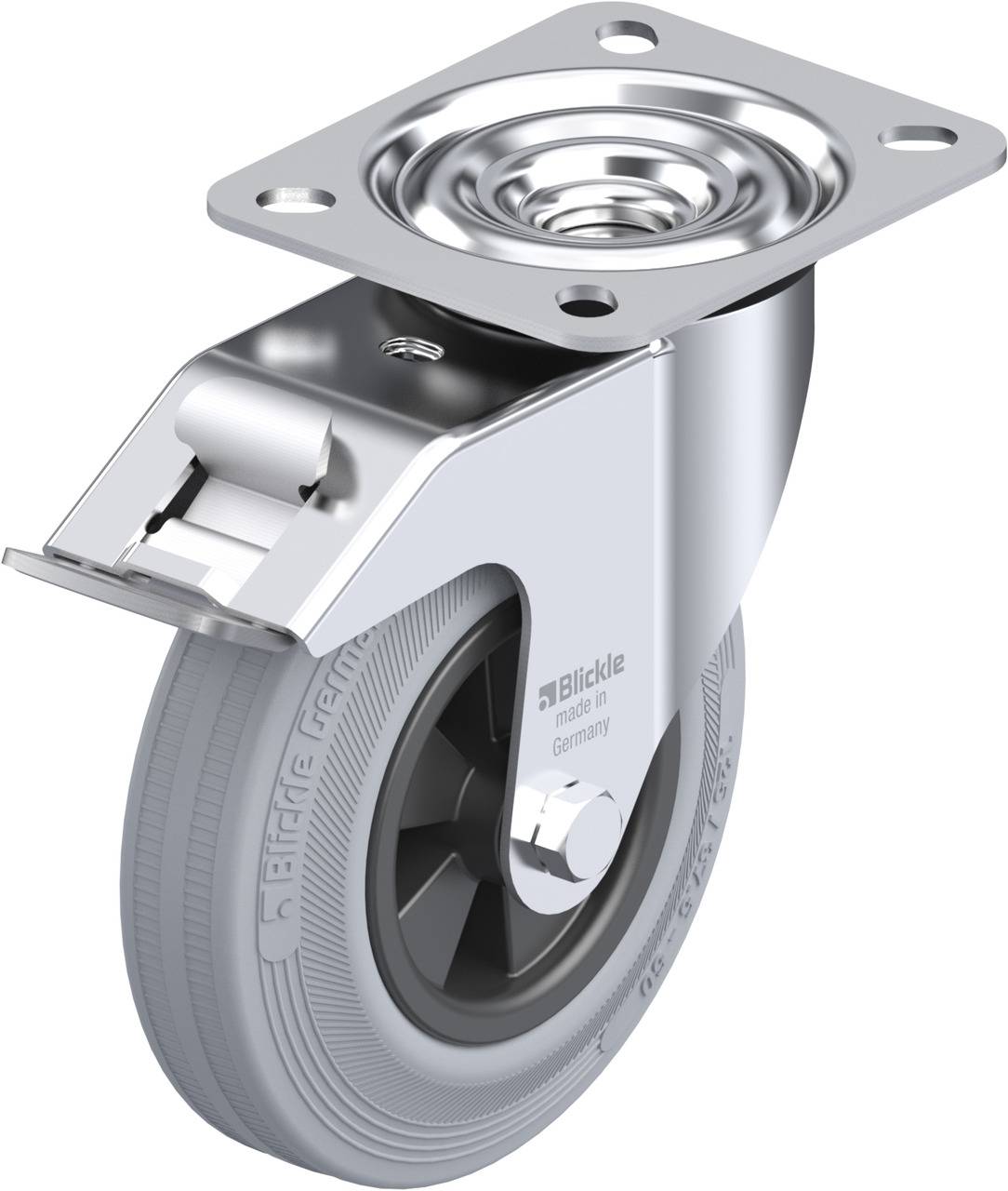 Graue Schwenkrolle mit glänzender Metallhalterung, geeignet für Möbel oder Industrieanwendungen. Rolle zeigt Hervorhebung des Designs.