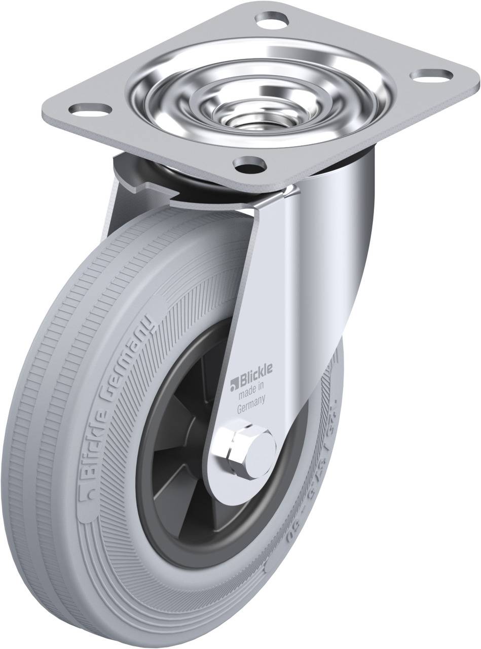 Eine drehbare Transportrolle mit grauem, profiliertem Gummirad und glänzender Metallplatte, geeignet für Möbel oder bewegliche Geräte.