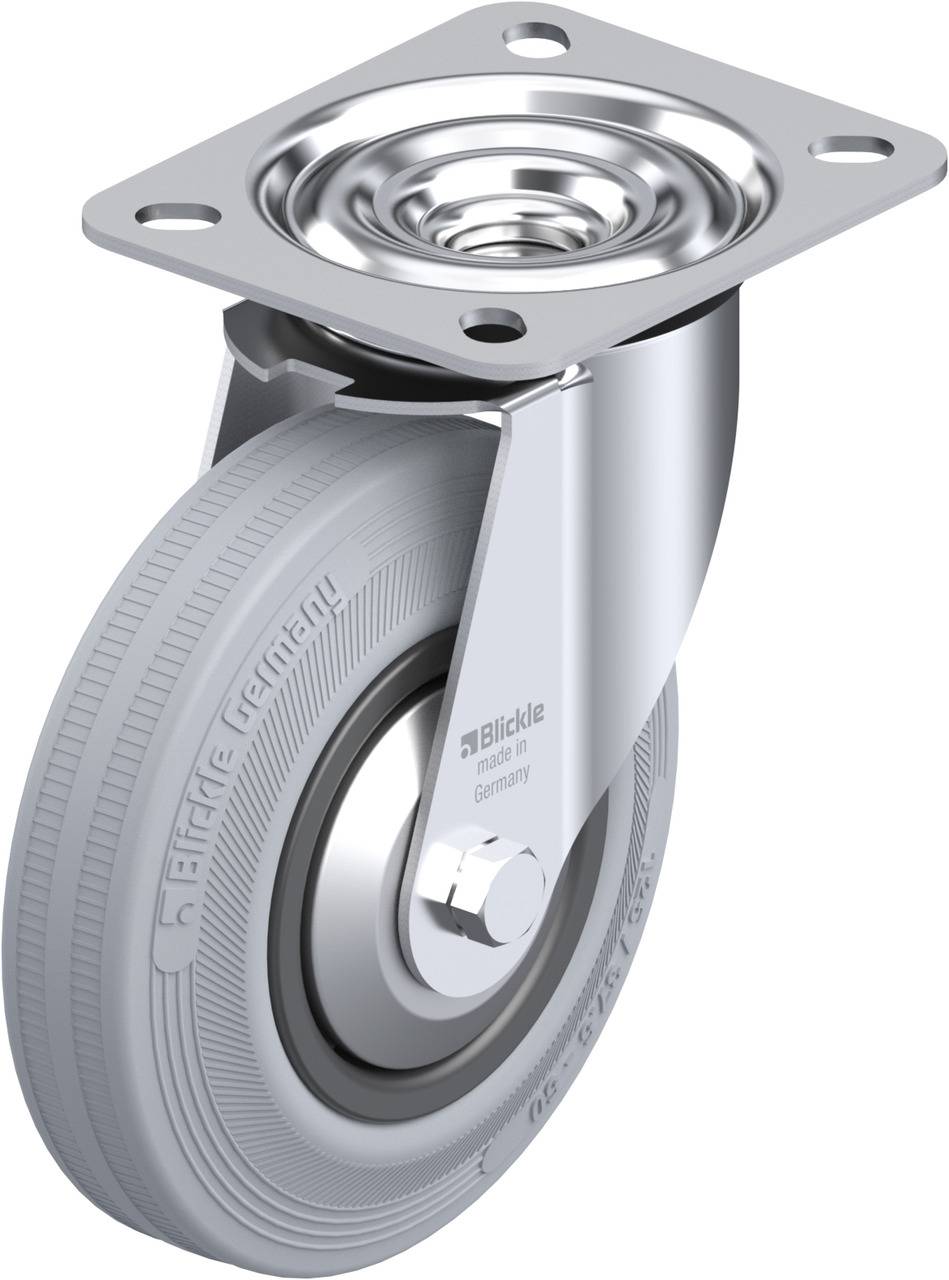 Schwenkrolle aus Metall mit grauem Gummirad und Befestigungsplatte, häufig verwendet für Fahrzeuge oder Transportwagen.