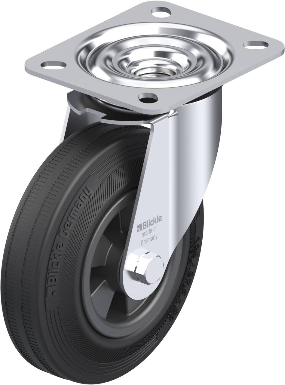 Ein schwarzes Rad mit einer Metallhalterung, geeignet für Möbel oder Geräte. Das Rad ist schwenkbar und hat eine Befestigungsplatte.