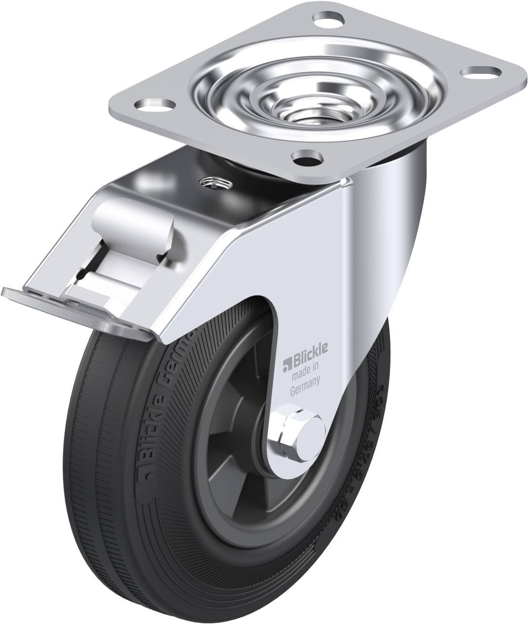 Industrielle Lenkrolle aus Metall mit schwarzem Gummirad, geeignet zum Transport schwerer Gegenstände.