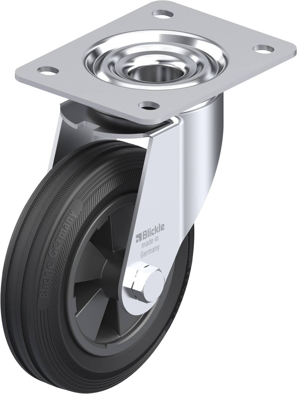 Schwenkrolle aus Metall und Gummi mit rechteckiger Montageplatte und Kugellager. Aufschrift 'Blickle made in Germany'.