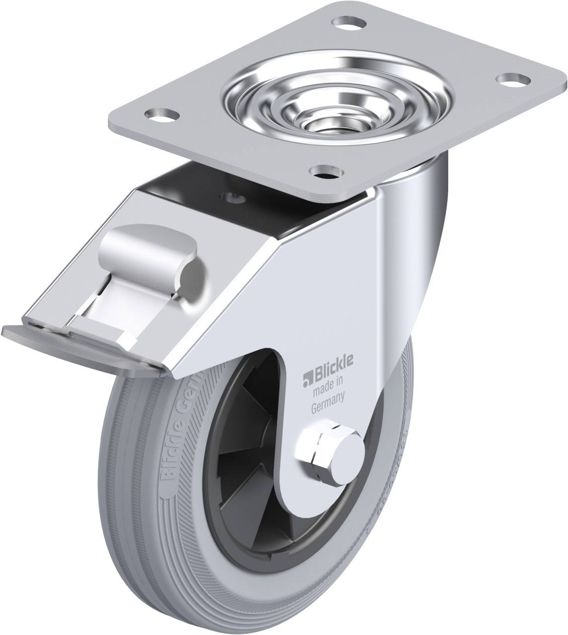 Metallenes Bockrolle mit grauem Rad, montierbarer Platte und einem Schwenklager. Aufschrift: 'Blickle, made in Germany'.