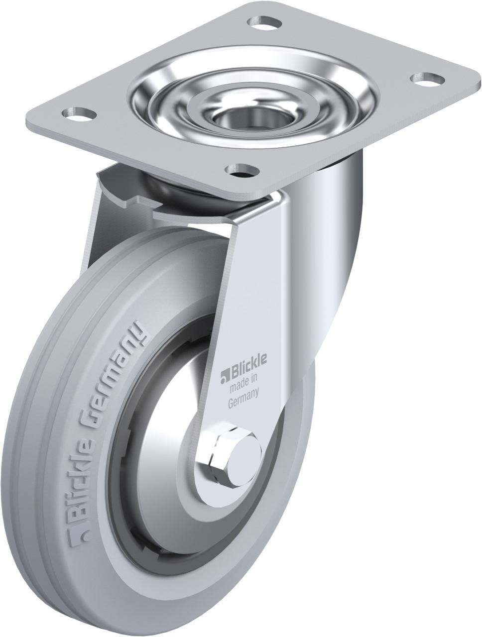 Das Bild zeigt eine graue Lenkkrolle mit einer glänzenden Metallplatte und Kugellager, hergestellt von 'Blickle Germany'.