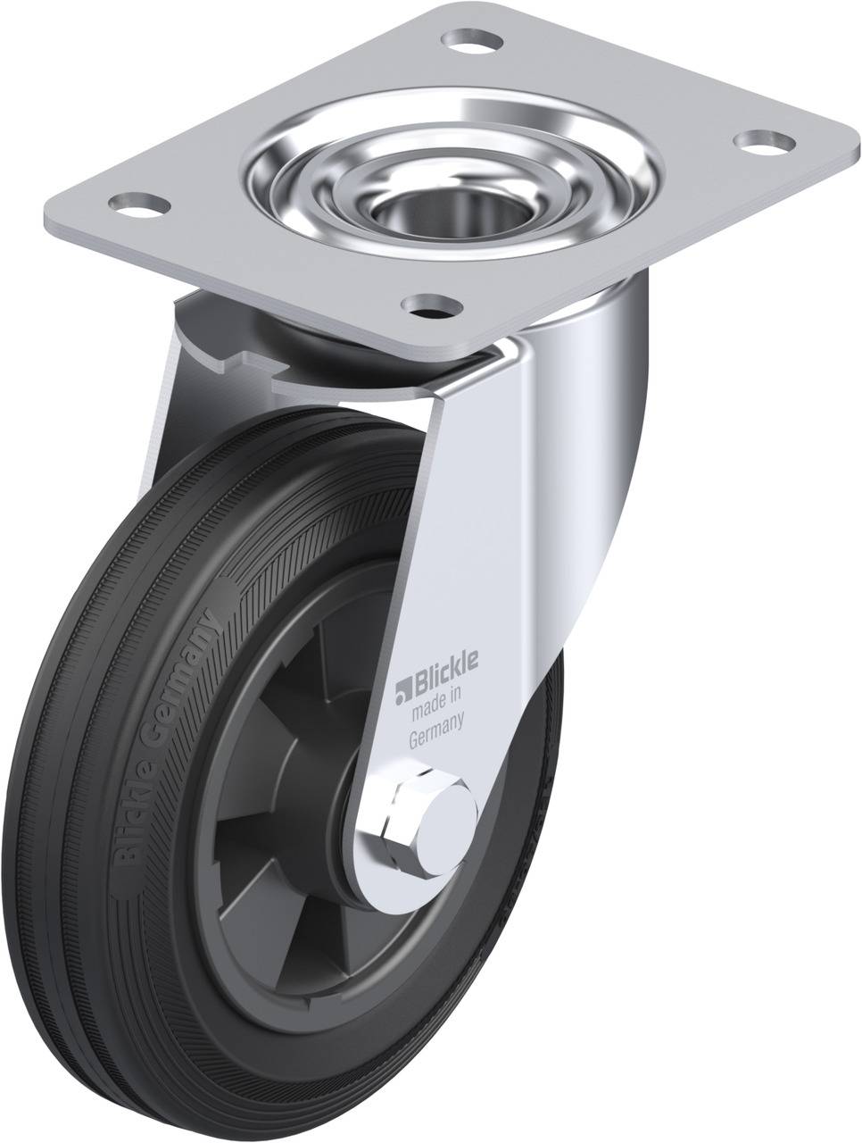Schwenkrolle mit schwarzem Gummireifen und silbernem Metallgehäuse, geeignet für Möbel oder Geräte.