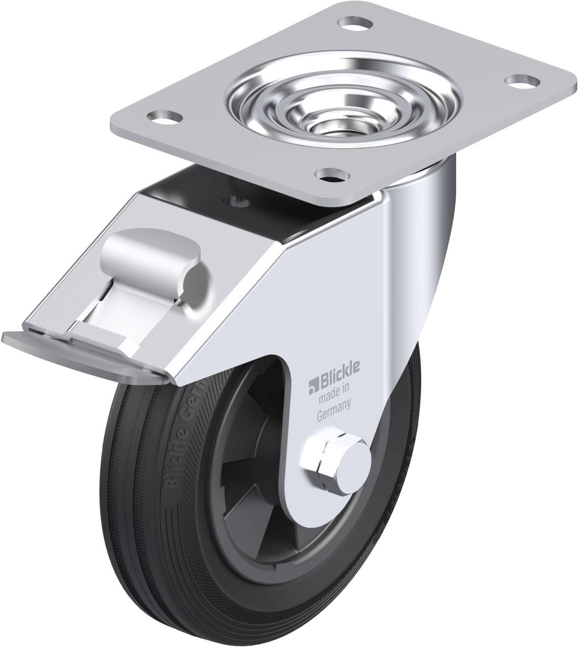 Metallisches Bockrolle mit schwarzem Rad, befestigt an einer quadratischen Platte zur Montage, gezeigt in einem Produktkatalog.