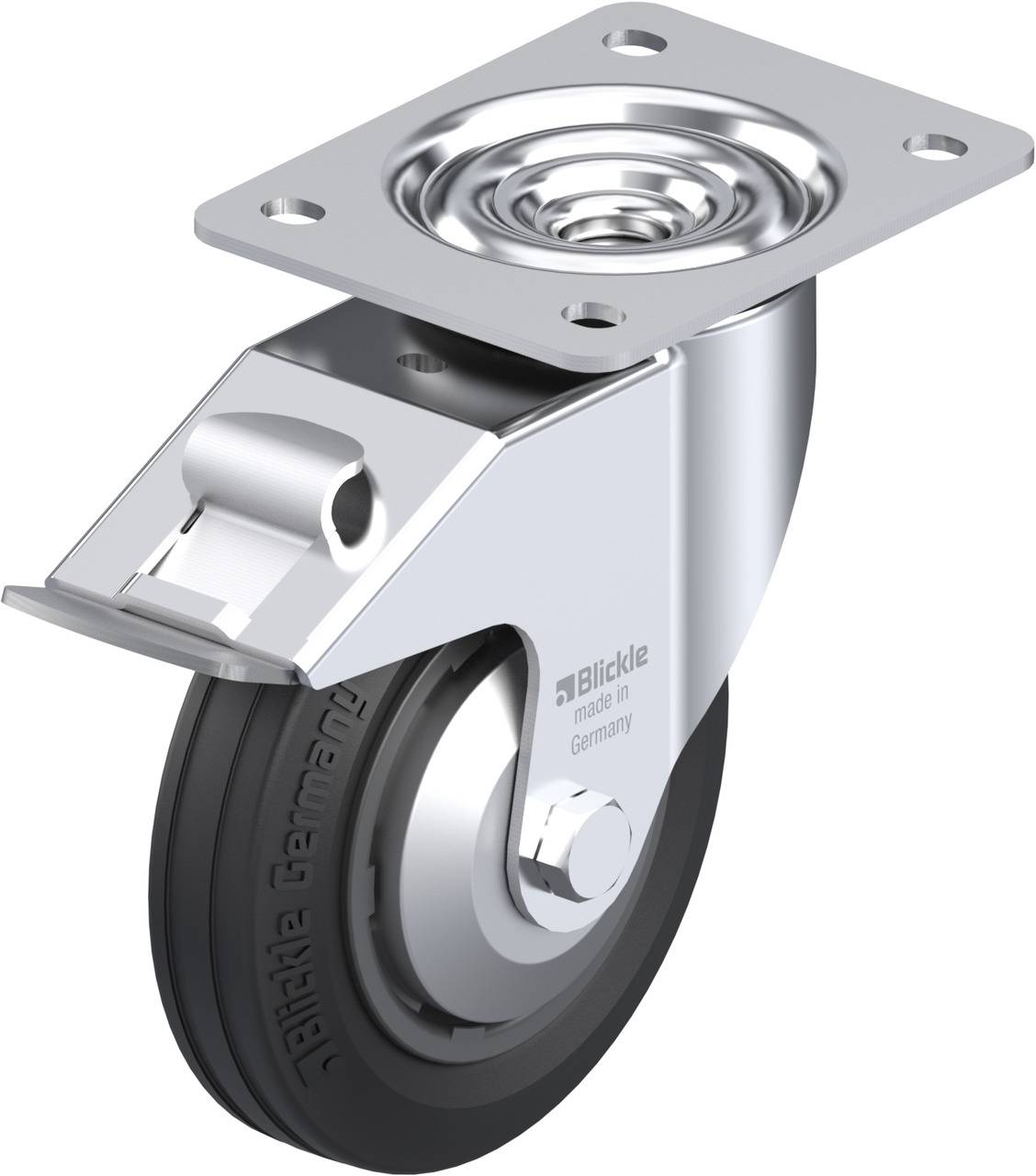Metall-Schwenkrolle mit schwarzem Gummireifen, festem Metallgehäuse und Befestigungsplatte. Runde Lauffläche, geeignet für Möbel oder Geräte.