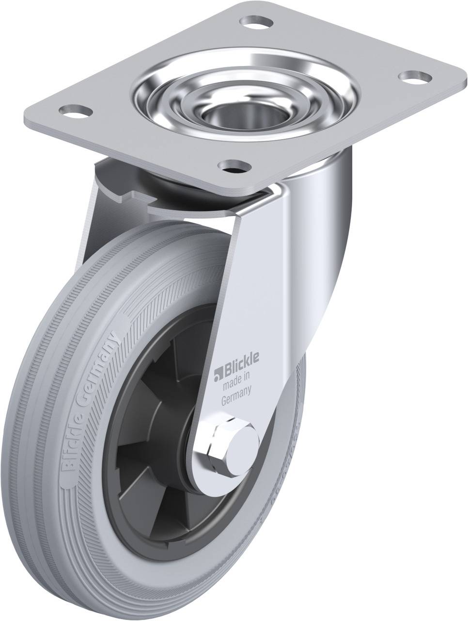 Metallisches Schwenkrollenlager mit grauem Rad und Aufschrift 'Blickle made in Germany'.