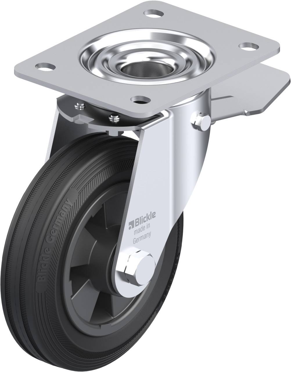 Schwenkrolle mit schwarzem Rad, Metallhalterung und Befestigungsplatte, Aufschrift 'Blickle made in Germany' sichtbar.