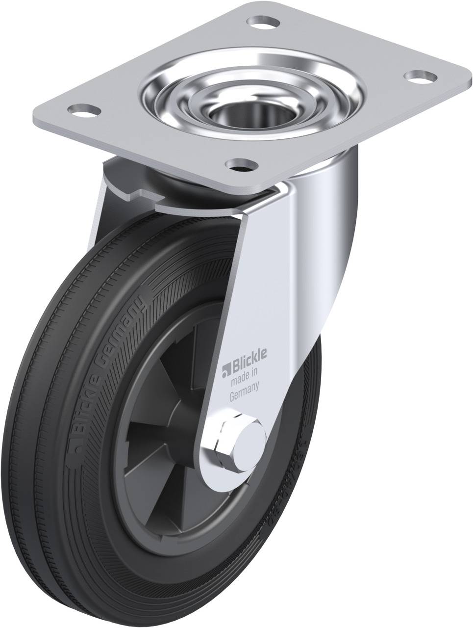 Schwenkrolle mit schwarzem Rad, glänzendem Gehäuse und Befestigungsplatte. Geeignet für den Einsatz in Möbeln oder Transportwagen.