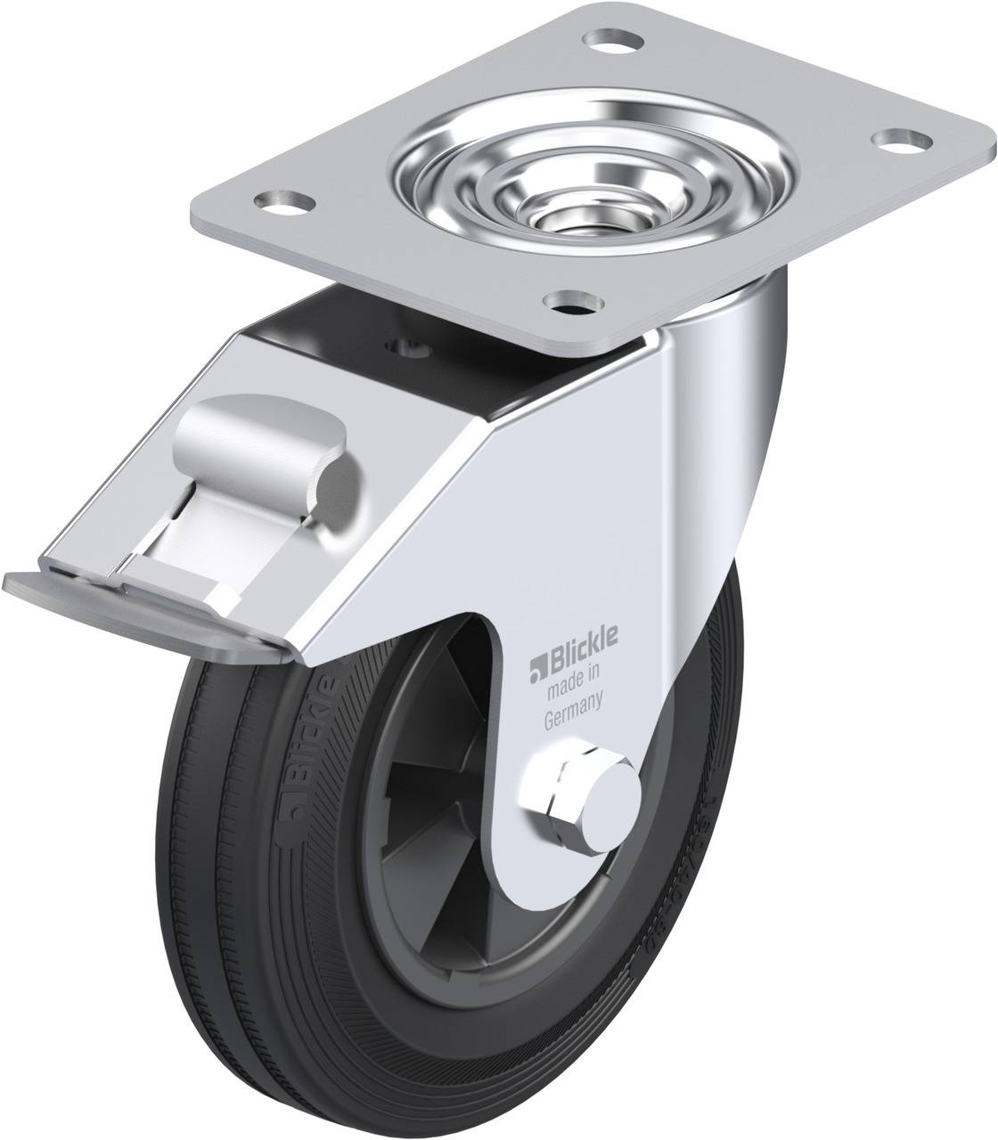 Ein drehbares Rollengehäuse aus Metall mit integriertem kugelgelagertem Kunststoffrad. Geeignet für Möbel oder Transportwagen.