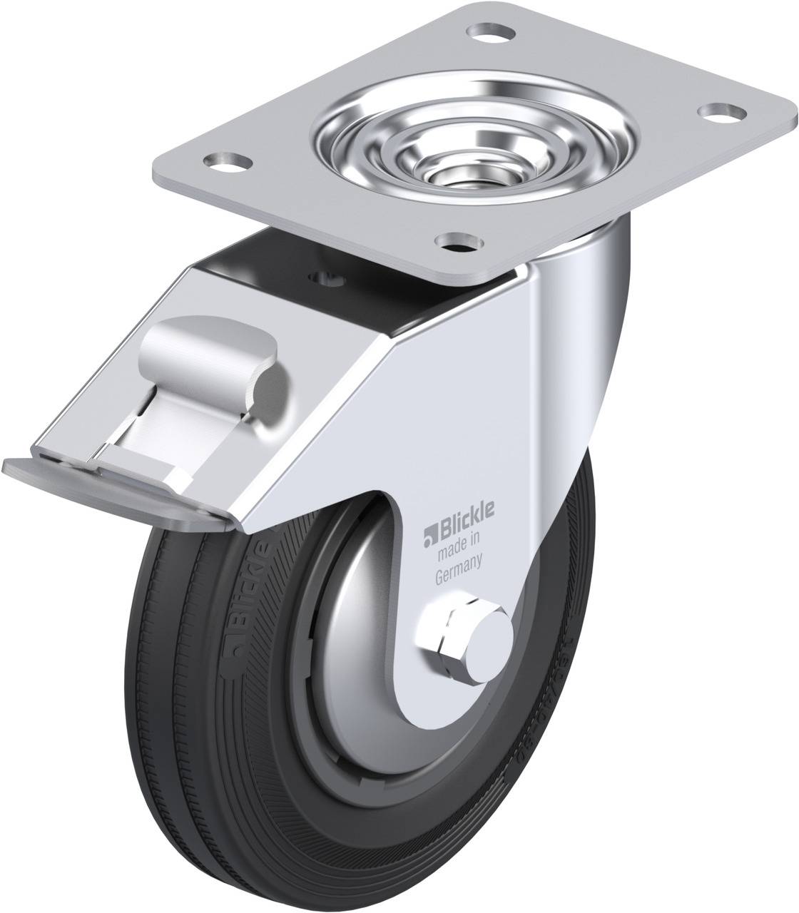 Lenkrolle aus Metall mit schwarzem Rad und Montageplatte, geeignet für Möbel oder Transportgeräte. Gravur zeigt 'Blickle Made in Germany'.