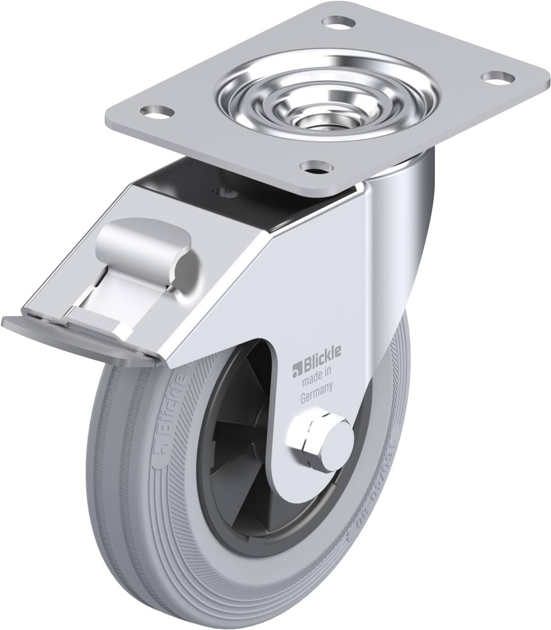 Schwenkrolle aus Metall mit grauer Gummireifen, geeignet für industrielle Anwendungen. Montageplatte oben zur Befestigung.