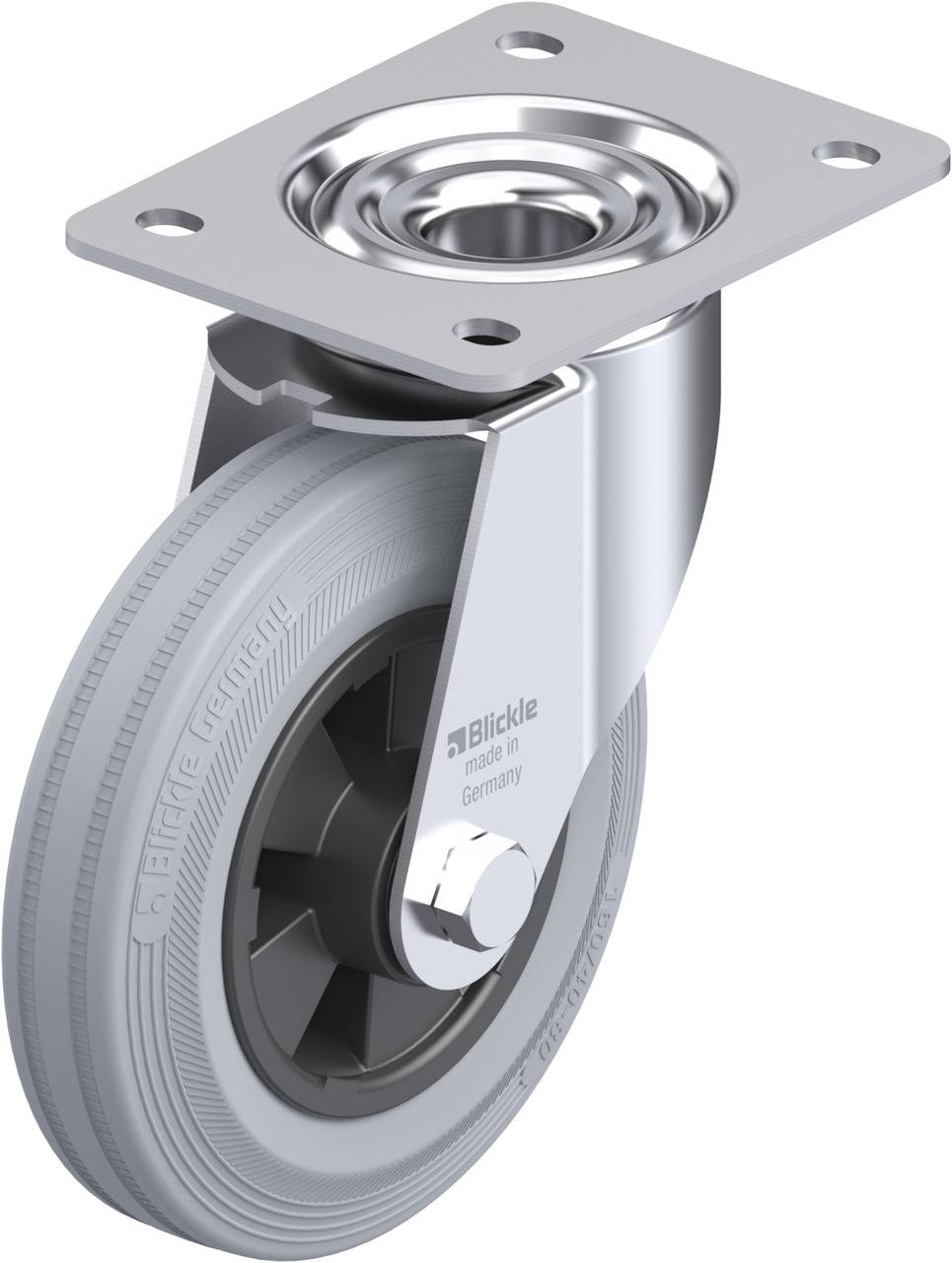 Schwenkrolle aus Metall mit grauem Rad und rechteckiger Befestigungsplatte. Hergestellt in Deutschland. Geeignet für Transportwagen.