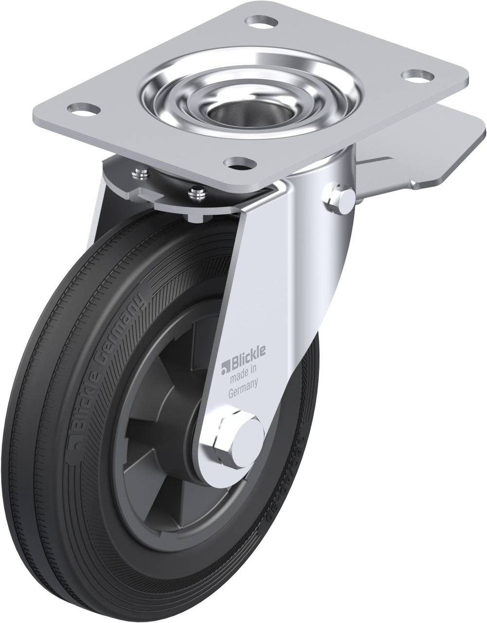 Das Bild zeigt ein drehbares Laufrollenrad aus Metall und Gummi von Blickle, gefertigt in Deutschland. Es hat eine robuste Bauweise.