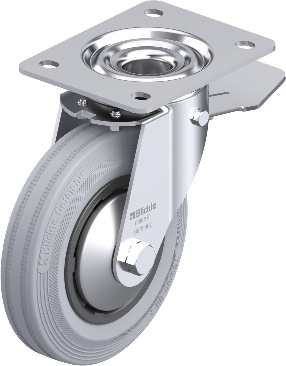 Industrie-Lenkrolle mit grauem Rad und Metall-Gehäuse. Geeignet für Maschinen oder Möbel, um Beweglichkeit zu gewährleisten.