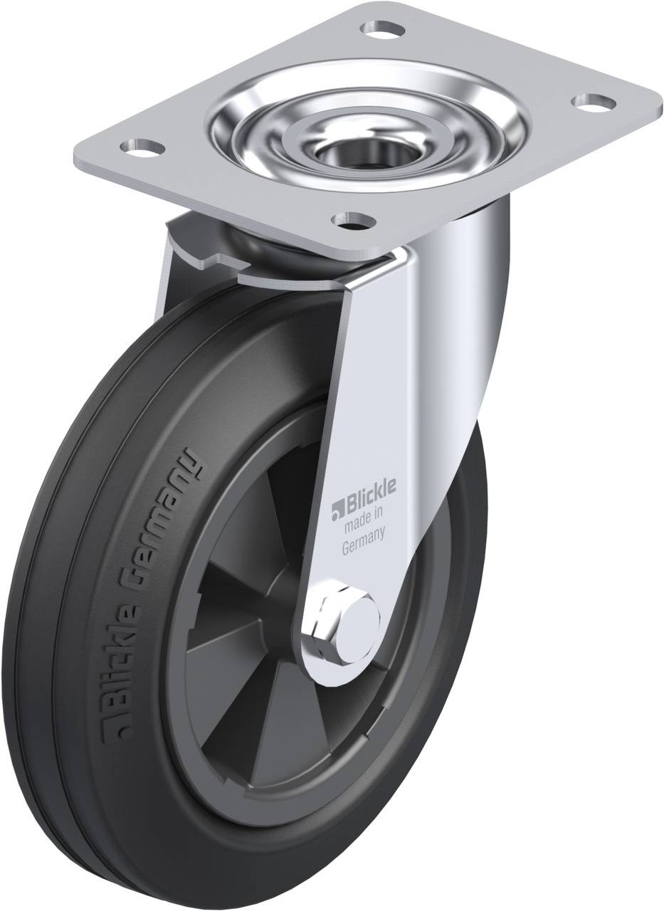 Schwenkrolle mit schwarzem Rad, Metallgehäuse und Schraubplatte, seitlich mit 'Blickle made in Germany' beschriftet.