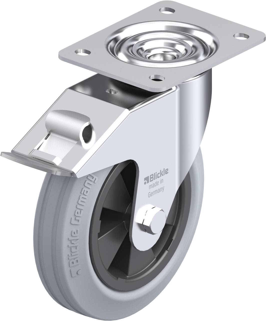 Silbernes Lenkrolle-Gehäuse mit grauem Rad und Befestigungsplatte. 'Blickle made in Germany' ist auf Rad und Gehäuse aufgedruckt.