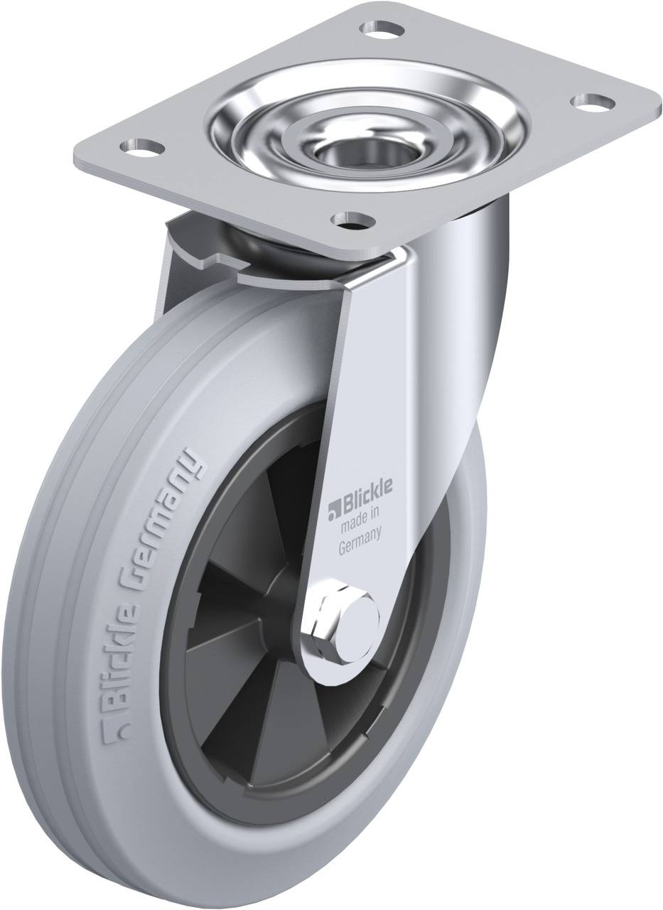 Graues Industrierad mit drehbarer Halterung und Kugellager. Aufschrift 'Blickle made in Germany'. Geeignet für schwere Lasten.