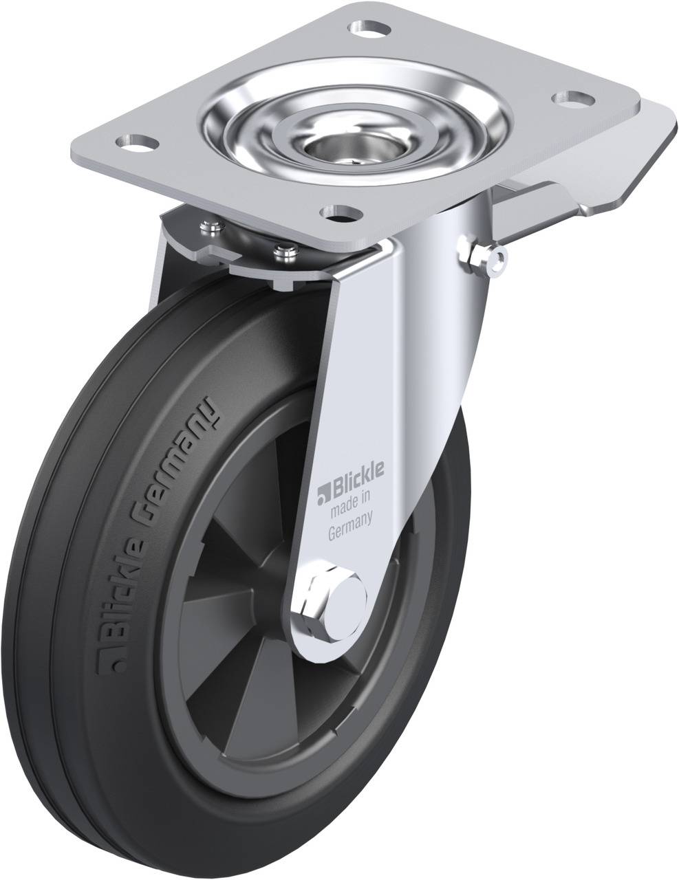 Schwenkrolle mit schwarzem Gummirad und metallischer Befestigungsplatte, versehen mit einem Schriftzug 'Blickle made in Germany'.