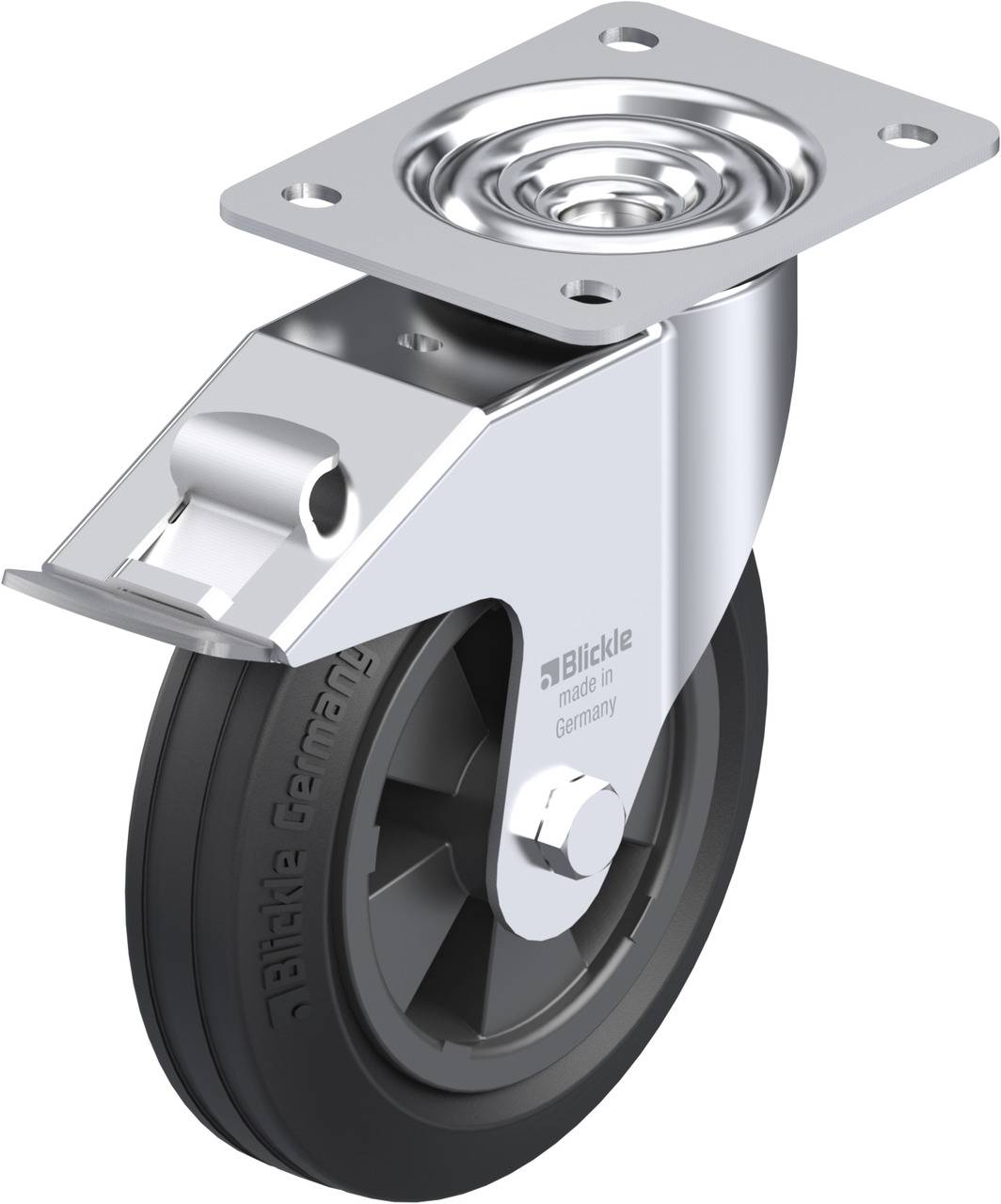 Schwenkrolle aus Metall mit schwarzem Rad und Halterung zur Befestigung an Möbeln oder Geräten, geeignet für bewegliche Lasten.