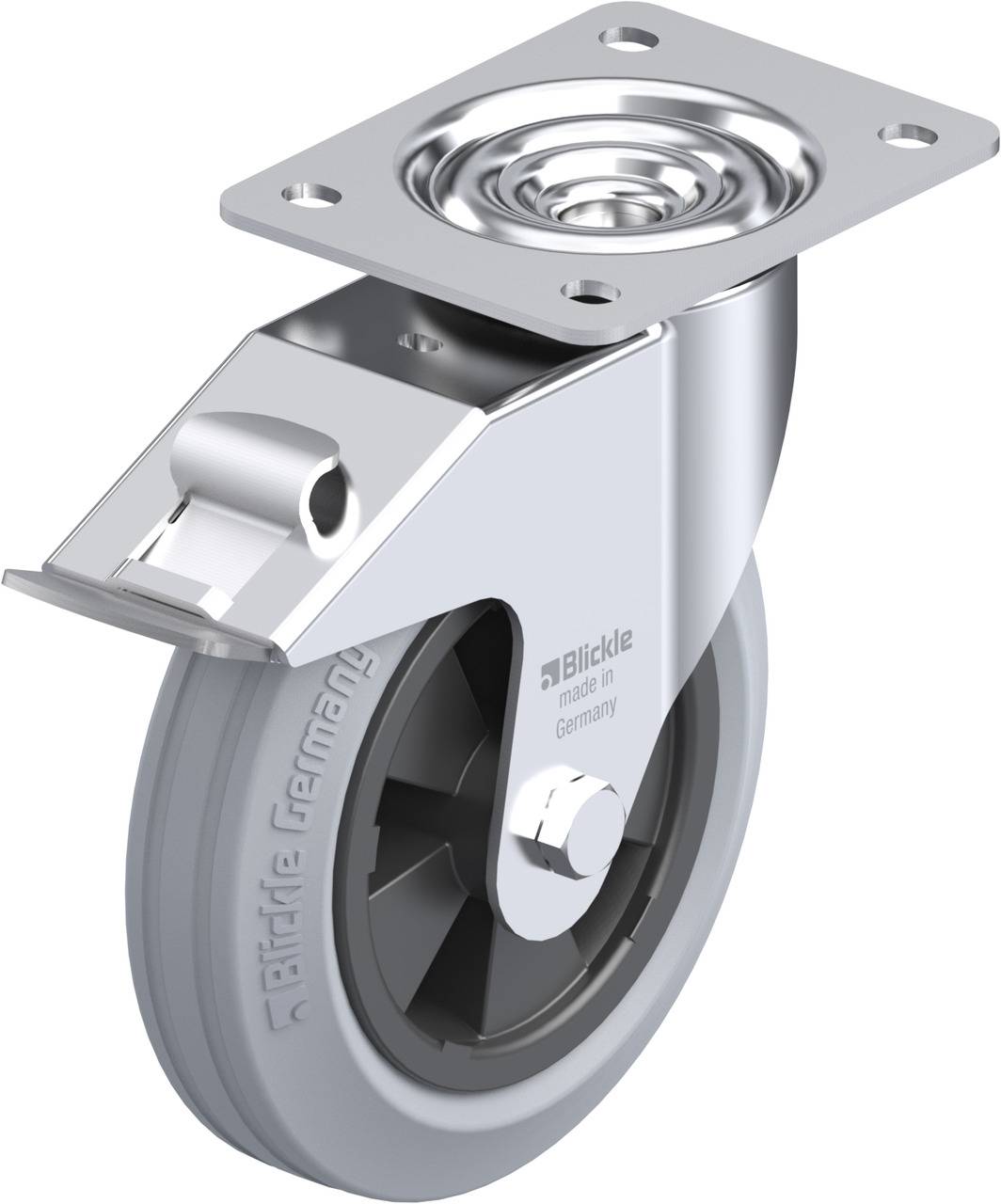 Metallrolle mit grauem Gummirad und Befestigungsplatte, seitlich montiert, für Möbel oder Industrieanwendungen geeignet.