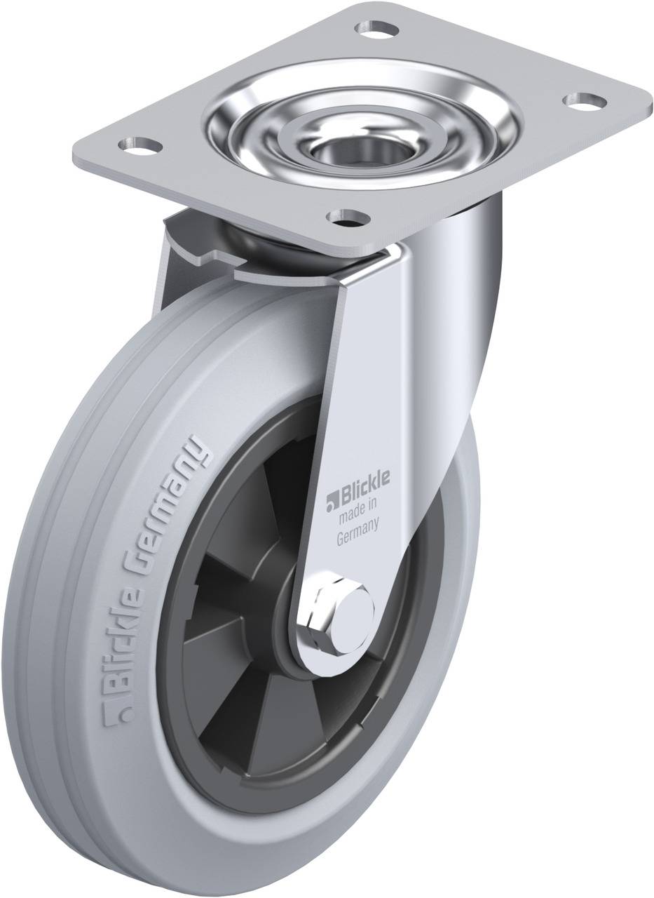 Rolle aus Metall und Gummi, mit Drehgelenk und Befestigungsplatte oben. Text auf Gummi: 'Blickle Germany'.