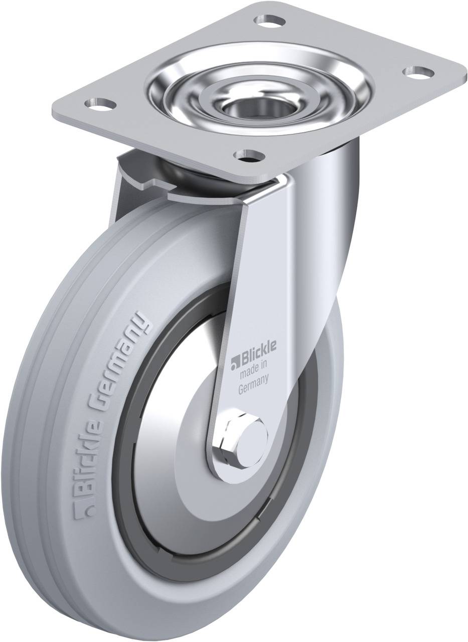 Graues Schwenkrollenrad aus Metall und Kunststoff mit einem Befestigungsplatten-Beschlag oben, geeignet für Büromöbel oder Ausrüstungen.