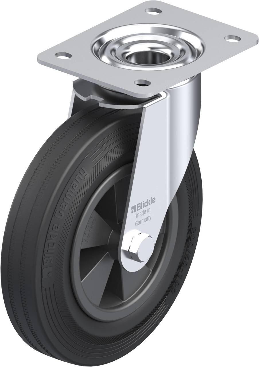 Schwenkrolle mit Graugummibereifung, festem Metallgehäuse und Befestigungsplatte. Geeignet für Transportgeräte auf glatten Böden.