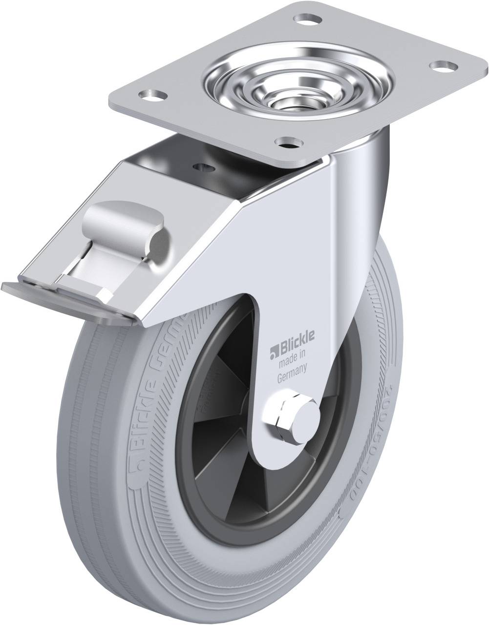 Silbernes Lenkrolle mit grauem Rad und Befestigungsplatte, typisch für Transportwagen oder Möbel. Hergestellt in Deutschland.