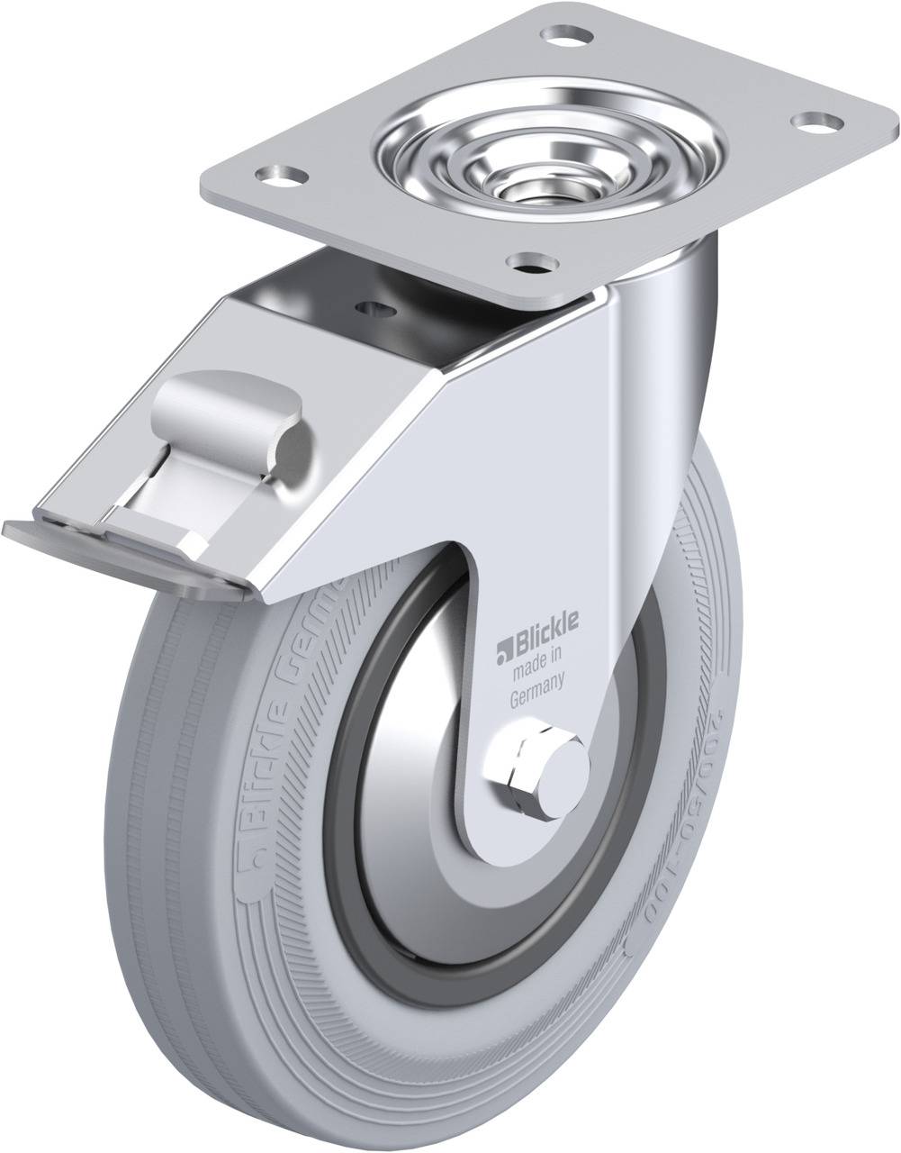 Metall-Rollenbremse mit grauem Rad und quadratischer Befestigungsplatte, geeignet für Industrieanwendungen.