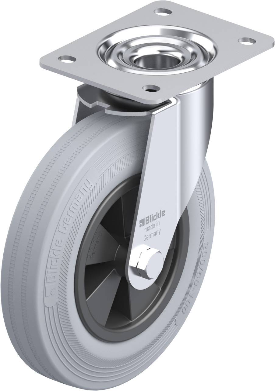 Schwenkrolle aus Metall mit grauer Gummibereifung, oben eine rechteckige Befestigungsplatte, geeignet für Möbel oder Geräte.