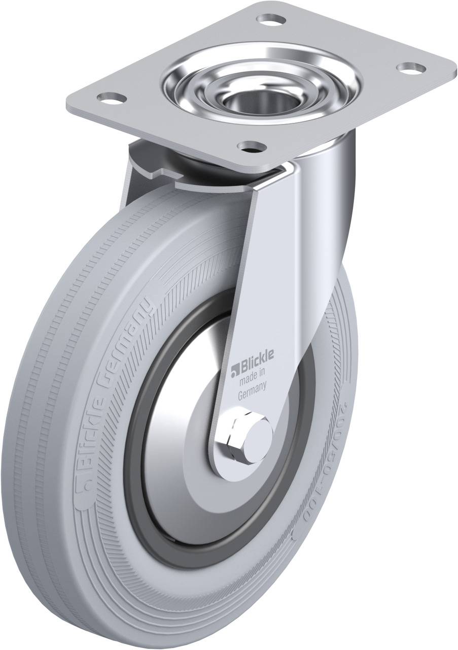 Grau-metallisches Rollenrad aus Kunststoff mit viereckiger Metallhalterung, geeignet für Möbel oder Geräte.