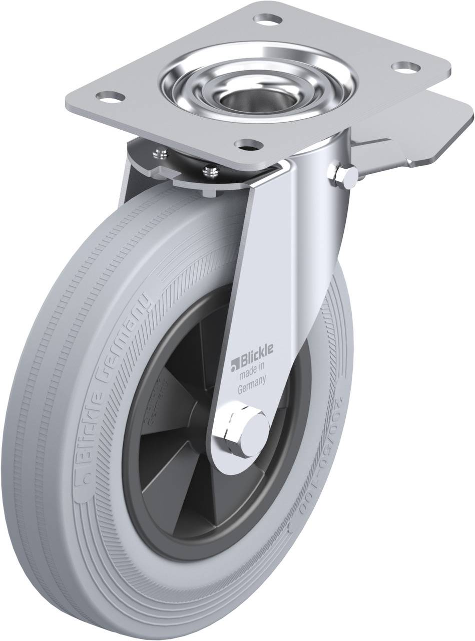 Graue Laufrolle mit metallener Befestigungsplatte und Gelenk, Aufschrift 'Blickle Made in Germany', für Transportwagen geeignet.