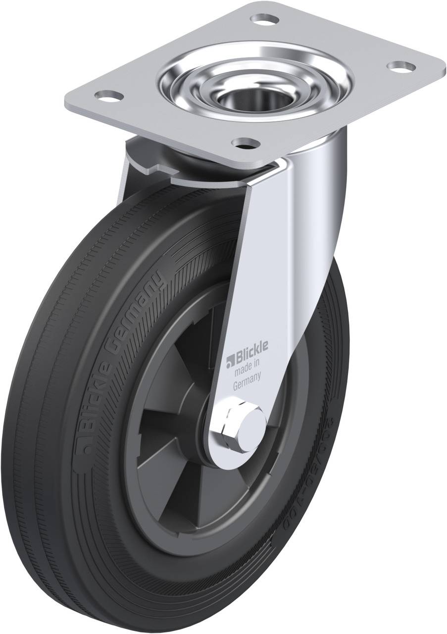 Ein schwarzes Rad mit einer drehbaren Metallhalterung und einer quadratischen Befestigungsplatte oben. Markiert mit 'Blickle'.