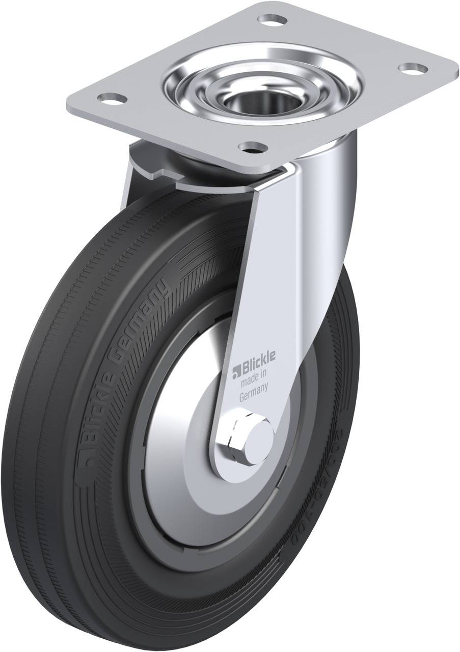 Industrielles Lenkrolle mit schwarzem Rad und silbernem Gehäuse, zur Befestigung an Möbeln oder Geräten. Geeignet für Indoor-Nutzung.