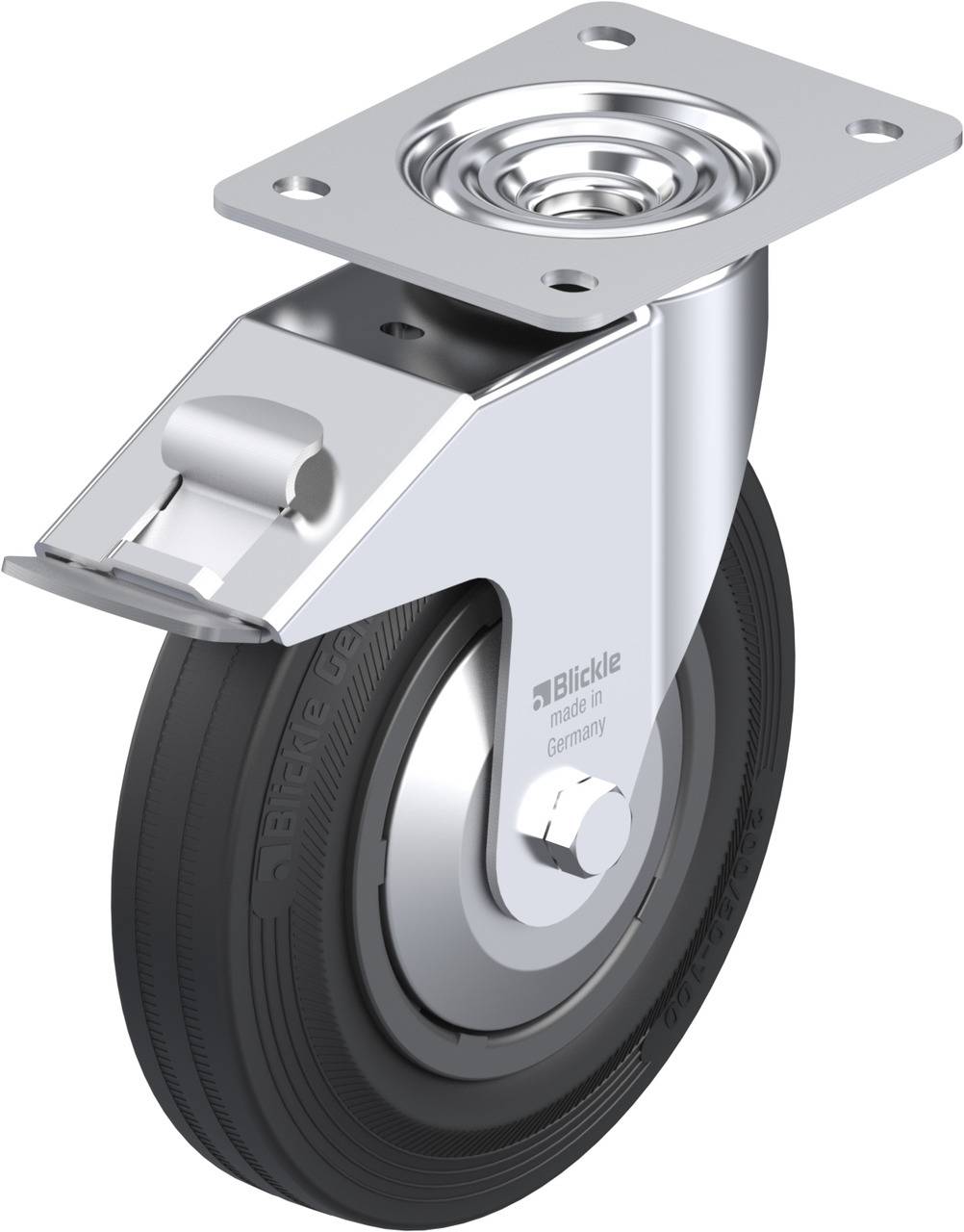 Eine silberne Lenkrolle mit schwarzem Rad, markiert mit 'Blickle made in Germany'.